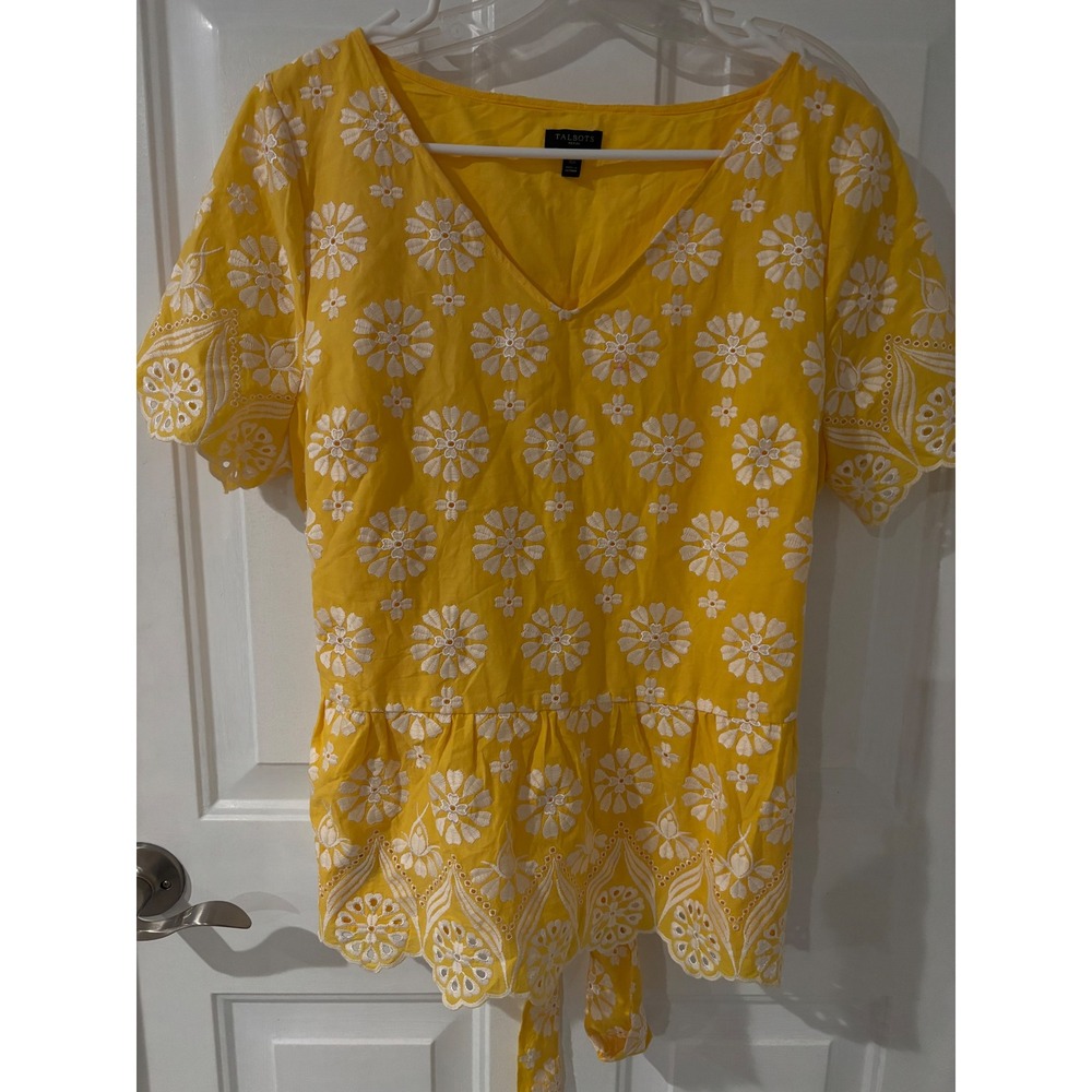 Talbots Eyelet Top Floral Embroidered Tie Waist Yellow Blouse Petite 16P - Picture 1 of 3